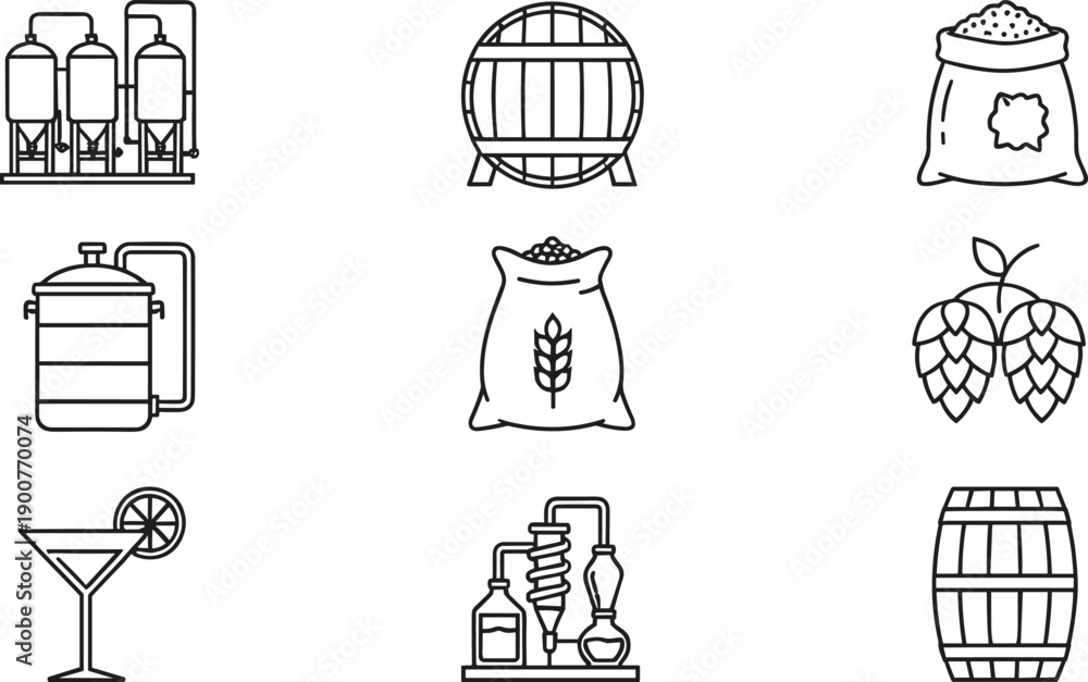 Αυτοκόλλητο Minimal outline brewery and distillery icon set featuring barrels, grain sacks,