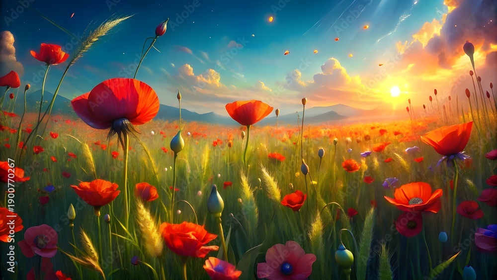 Fototapeta premium Field of red poppies swaying in the wind, green meadow under bright summer sky, vivid colors, shallow depth of field, sunlight glow