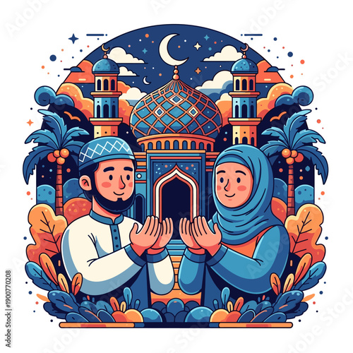 Happy cartoon family enjoying time together on the beach, in the city, and at night