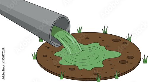 Toxic waste pouring from industrial pipe onto polluted ground illustration, environmental contamination vector design for ecology and pollution awareness themes