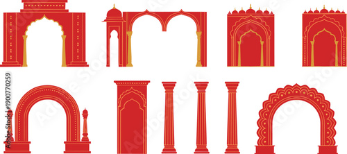 Traditional Indian Palace Arch and Pillar Vector Set with Ornate Mughal Entrance Designs