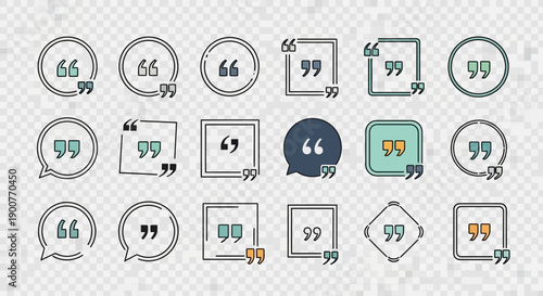 A collection of diverse quote mark icons and speech bubble designs in various shapes and styles.