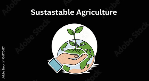 An illustration depicting a human hand gently cradling a small green plant growing from the Earth, symbolizing sustainable agriculture and global environmental care.