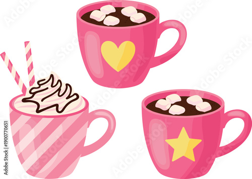 Sweet pink hot chocolate mugs vector illustration with marshmallows whipped cream and hearts for cozy winter cafe design.