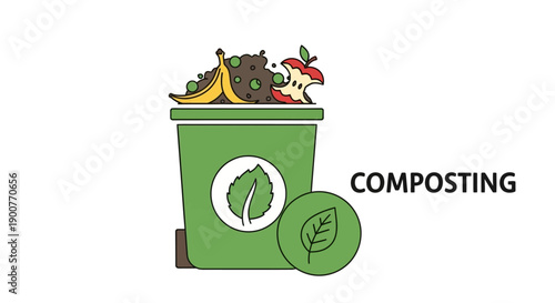 A green compost bin overflowing with organic waste, including banana peels and apple cores, with the word COMPOSTING.