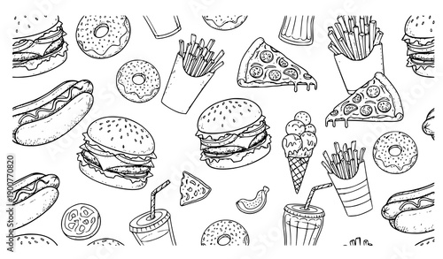Fast Food Sketch Seamless Pattern Vector Illustration