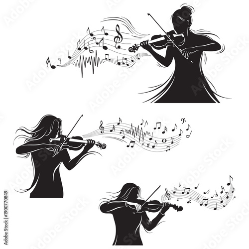 Elegant Violinist Silhouettes with Musical Notes and Sound Waves