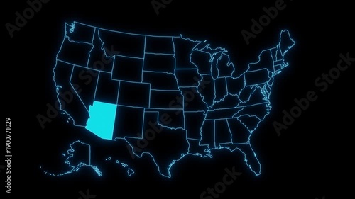 Arizona state highlighted on USA outline map 4k animation
