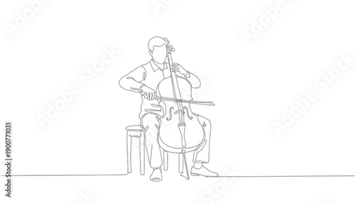 Continuous line drawing of a man playing cello, music illustration, vector, isolated on transparent background, png