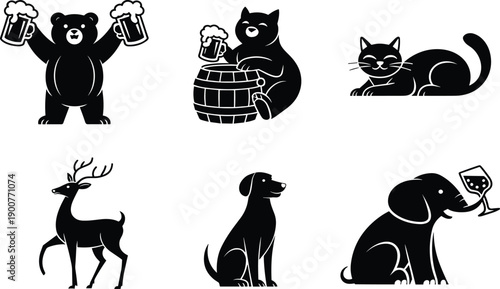 Collection Of Cute Animal Silhouettes Featuring Bear With Beer Mugs Cat Drinking On Barrel Deer Dog And Elephant With Wine Glass For Bar Logos