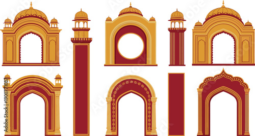 Traditional Indian Palace Gate and Temple Arch Vector Set with Ornate Architectural Designs