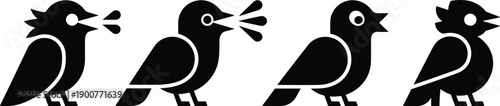 Bird cartoon icons, editable vector clipart, singing silhouettes, open beak, closed beak, vocalization stages, minimalist, geometric, stylized