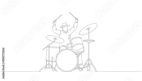 Continuous line drawing of a drummer playing a drum set, vector illustration for music or art concept, Isolated on transparent background, png