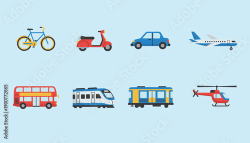 Colorful flat icons set of transportation vehicles including bicycle scooter car airplane bus train and helicopter for travel and logistics concepts.