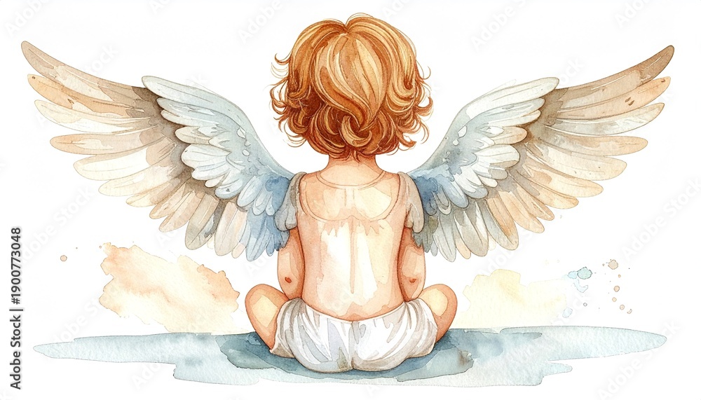 Obraz premium Cute baby angel with fluffy wings sitting with back turned, hand drawn watercolor style illustration on white background, isolated character for nursery art