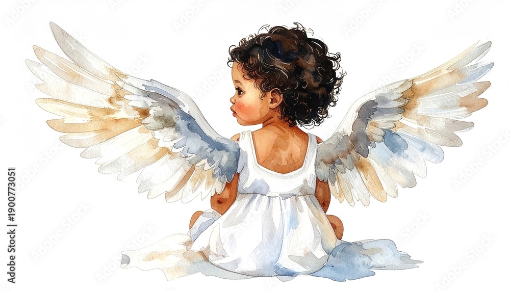 Obraz premium Cute baby angel with fluffy wings sitting with back turned, hand drawn watercolor style illustration on white background, isolated character for nursery art