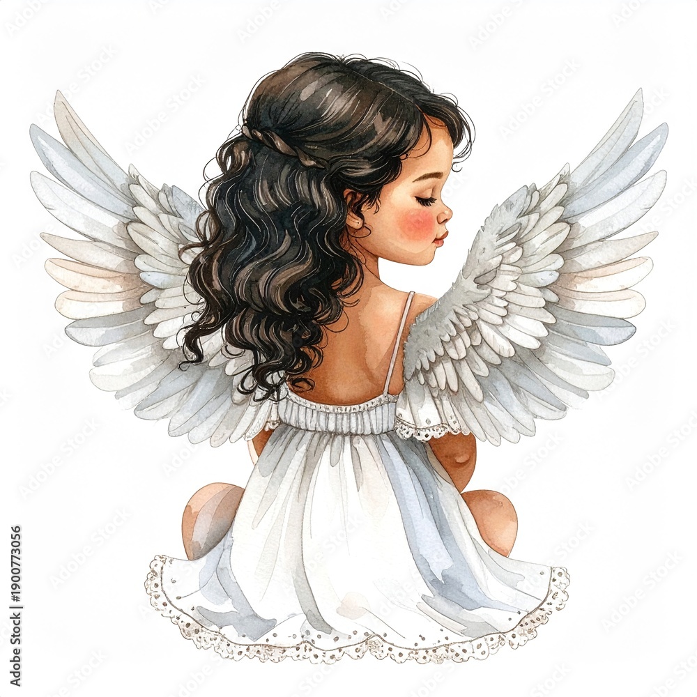 Fototapeta premium Cute baby angel with fluffy wings sitting with back turned, hand drawn watercolor style illustration on white background, isolated character for nursery art