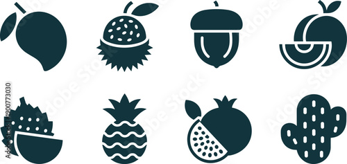 Fruit cartoon icons, editable vector clipart, mango silhouette, lychee, acorn, peach, durian, pineapple, pomegranate, cactus, food, stylized