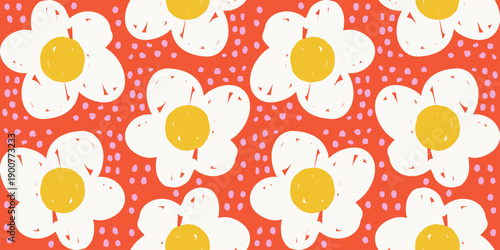 Bold spring floral pattern with white daisy style flowers and yellow centers on a red background, ideal for Easter textiles, wrapping paper, and decorative surfaces.