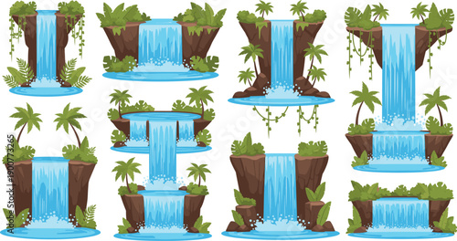 Tropical waterfall vector set with palm trees, vines and rocks for jungle nature landscape design