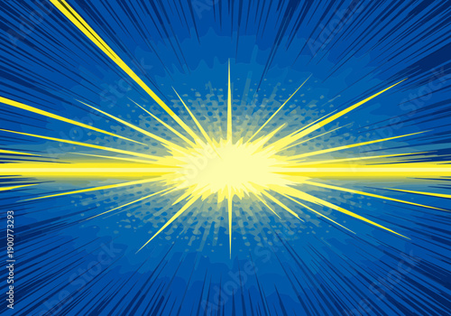 Energetic blue comic background with radial speed lines and a bright central light source