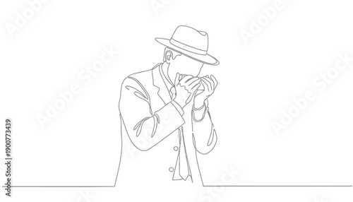 One line drawing of a man in a hat playing a trumpet, minimalist vector illustration for music or entertainment design, isolated on transparent background, png