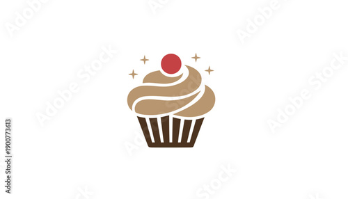 Vector cupcake icon with brown frosting and red cherry, for bakery logo or dessert menu, isolated on transparent background, png
