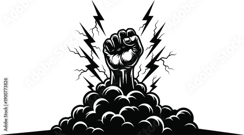 A powerful fist emerging from ground with lightning bolts, symbolizing strength, revolution, and uprising