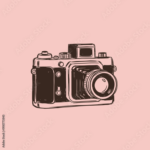 Detailed Vintage Camera Hand Drawn Sketch Illustration in Retro Style Isolated on Pastel Background for Photography Lovers and Creators