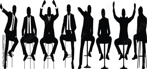 Silhouettes of business professionals seated on stools in diverse postures, workplace communication concept, corporate body language illustration, professional gestures, teamwork dynamics