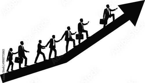 Business teamwork leadership, corporate career growth, professional advancement, upward mobility, success strategy, ambition development, flat vector illustration