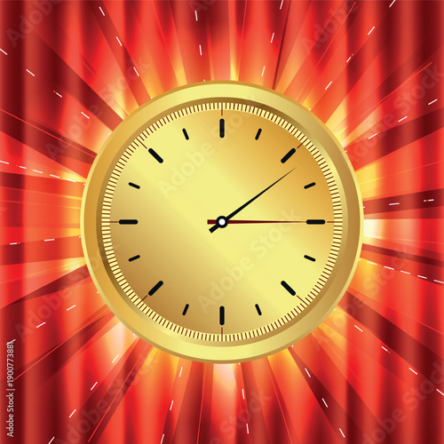 A golden watch in the background red curtain. Now showing