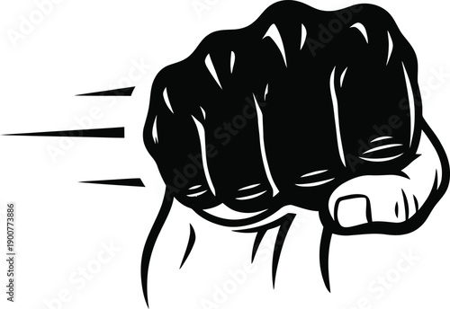 Black silhouette of a strong fist punching with speed lines, powerful and energetic graphic illustration