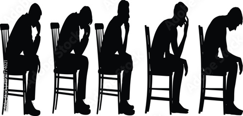 Silhouettes of seated person in progressive slouched posture, emotional stress concept, introspection, depression illustration, mental burden, contemplation, psychology theme, human behavior, sadness