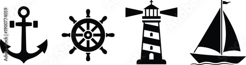 Nautical cartoon icons, editable vector clipart, anchor silhouette, ship wheel, lighthouse beams, sailboat waves, maritime, sea, navigation, stylized