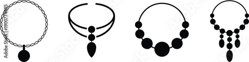 Necklace cartoon icons, editable vector clipart, jewelry silhouettes, pendant designs, bead patterns, fashion accessory, black shapes, stylized