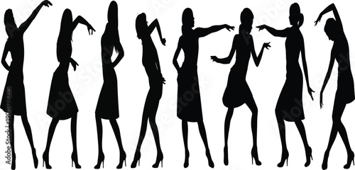 Silhouettes of women dancing in expressive poses, fashion illustration concept, artistic movement, performance art, elegance, choreography, stylish dress, high heels, dynamic composition, creative