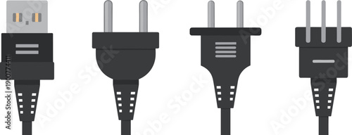 Plug cartoon icons, editable vector clipart, USB connector, European plug, three-prong plug, electrical silhouette, electronics, power, stylized