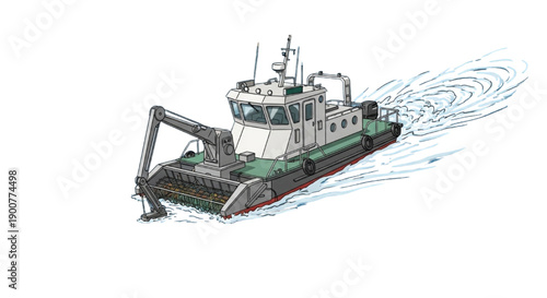 Industrial boat collecting debris from water surface with a mechanical arm
