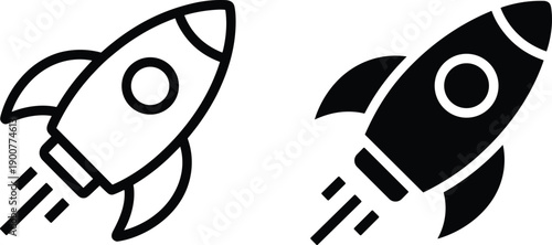 Rocket icon set, black and white variations, propulsion lines, space exploration theme, vector graphics, technology design, startup and innovation symbol