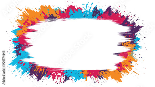 Vibrant rectangular frame surrounded by a burst of colorful paint splatters and brushstrokes, perfect for artistic banners, posters, and invitations.