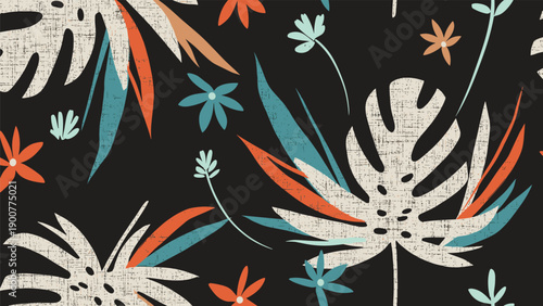 Seamless tropical pattern, featuring stylized monstera leaves and small flowers in a retro, distressed texture on a dark background, perfect for bohemian designs.