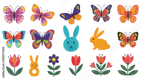 Collection of vibrant crayon-drawn illustrations, featuring playful butterflies, cute rabbits, and charming flowers with a scribbled texture, ideal for children's art.