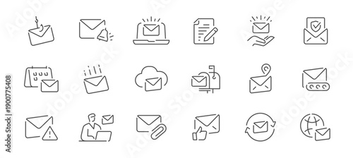 Email and mail line icons set for web, ui, business communication, notifications