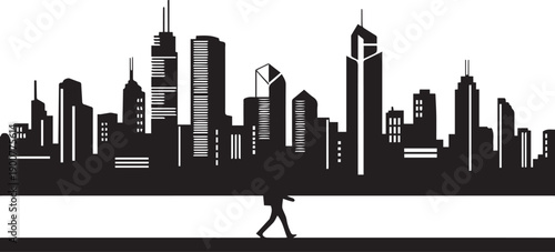 Lone man walking under city skyline silhouette line art vector illustration cityscape panoramic