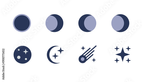 Collection of celestial moon phase icons and night sky elements including stars comets and constellations in minimalist flat design