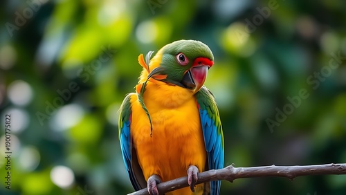disarranged. A colorful parrot preening a feather on a branch, soft morning light. wildlife magazines, conservation campaigns, designed for eco-tourism storytelling.