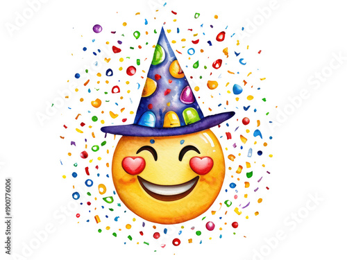 A happy smiling emoji wearing a party hat amidst colorful confetti, perfect for festive occasions