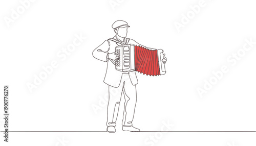 Vector illustration of a man playing an accordion, single line drawing, isolated on transparent background, png