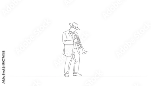Continuous line drawing of a man playing a trumpet, simple vector illustration for music or entertainment concept, isolated on transparent background, png